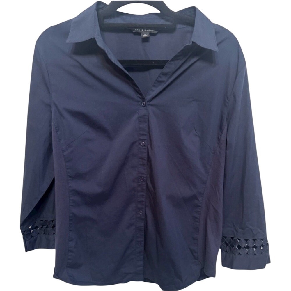 Zac & Rachel Button Down Shirt Navy Blue Eyelet Cuff Blouse Women XL